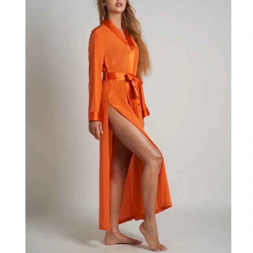New Nalu Swimwear 100% Silk Kiki Robe Kimono Orange Wrap Long Maxi Coverup